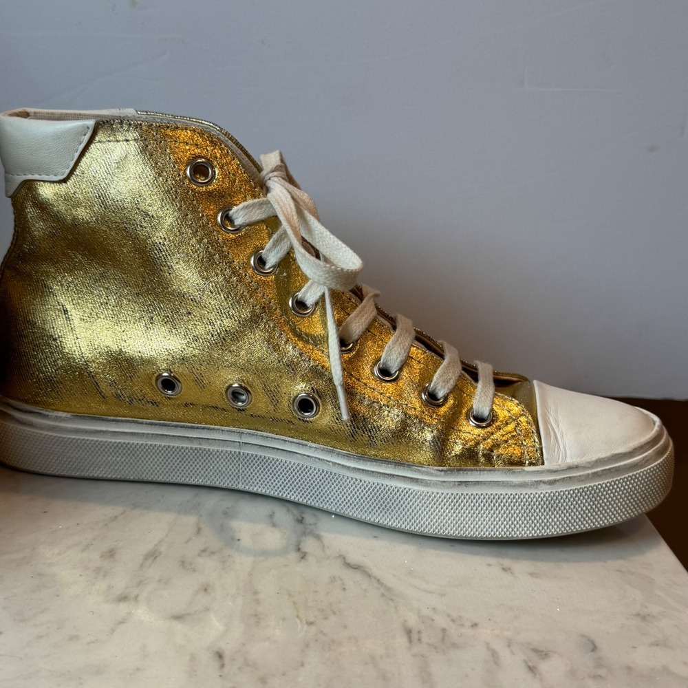 Distressed Calfskin Bedford Logo-Appliqued Hightop Sneakers 6.5 Gold Cream White - Picture 8 of 14